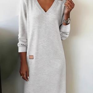 TEMU 여성용 여행용 미디 원피스, 우아한 V넥 긴소매