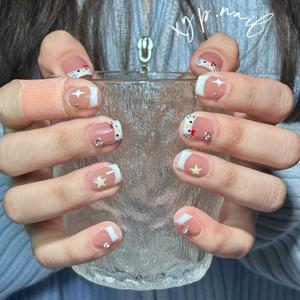 TEMU 10개입 짧은 사각 프레스 온 네일 sheer 클리어 & 화이트, 액센트 & 글리터, 광택 끝, 다양한 사이즈, 데일리/데이트룩을 위한 귀엽고 스위트 스타일