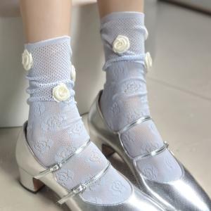 TEMU 여름용 가벼운 레이스 플로럴 할로우 메쉬 미드-캘프 양말, 일본 스타일 스위트 스타일 핸드메이드 장미 꽃 무늬 양말