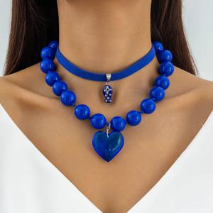 TEMU 2 Elegant And Fashionable 아크릴 원형 비즈 비즈 장식 흉골 체인 다층 스택 가능 사랑의 하트 복숭아 하트 물방울 무늬 작은 물고기 펜던트 목걸이 세트, 여성 데일리 데이트 발렌타인데이 선물로 적합