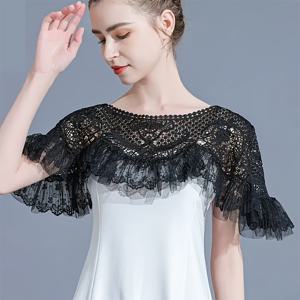 TEMU 레이스 숄 케이프 코트, 치파오 겉옷, 흰색 및 검은색 스카프 레이어드, 스트랩리스 커버업 조끼