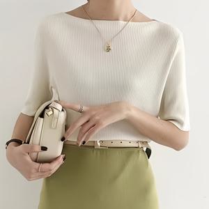 TEMU 여성용 오프숄더 원숄더 넥라인 티셔츠, 얇은 미디엄 기장 소매 우아한 반팔 탑