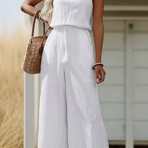 TEMU 여성용 우아한 오프숄더 민소매 와이드 레그 점프수트, 올 시즌 캐주얼부터 포멀 의상까지, 세탁기 사용 가능, 신축성 없는 원단 (여성용 다용도 의류)