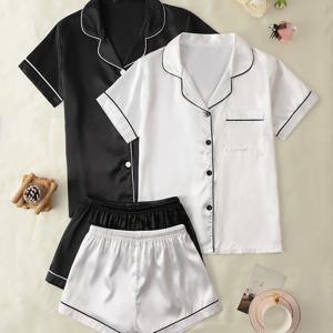 TEMU 2 세트 여성용 솔리드 새틴 캐주얼 파자마 세트, 짧은 소매 단추 옷깃 탑 & 반바지, 편안한 편안한 핏