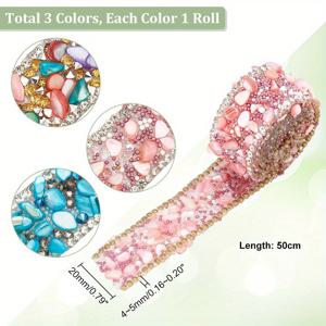 TEMU 글로블랜드 글라스 핫픽스 라인스톤 테이프, 스톤 칩 포함, 3개 세트, 혼합 색상, DIY 의상 및 벨트 액세서리용 장식 접착 트림, 각 50cm