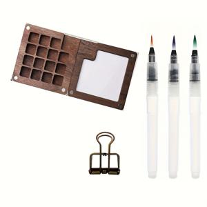 TEMU 5개 세트 월넛 색상 미니 수제 편리한 나무 수채화 포장 상자 미니 드로잉 보드/펜/긴 꼬리 클립 세트 (색료 없음, 빈 상자)