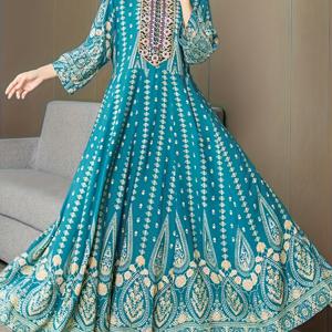 TEMU 스타일 중동 민족 감각 드레스, 플로잉 실루엣, 빈티지 롱 스커트, 캐주얼 바캉스 및 해변 나들이에 완벽, S 사이즈