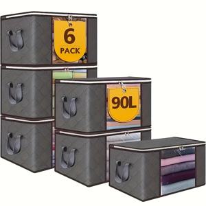 TEMU 지퍼와 뚜껑이 있는 초대형 수납 가방 6개 세트 - 침구, 담요, 베개, 장난감을 위한 접이식 및 내구성 좋은 정리함 - 편리한 휴대 손잡이가 있는 두꺼운 원단으로 제작, 침대 밑 수납