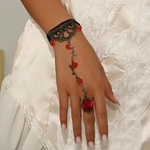 TEMU 고딕 빈티지 영감 블랙 레이스 & 레드 플로랄 인공 링 팔찌 - 파티, 축제 및 가면무도회 의상에 완벽함