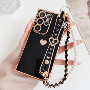 TEMU 삼성 폰 S22, S23, S24, S25U에 적합한 단단한 심장과 측면에 심장이 있는 패션적인 이중층 핸드백 팔찌와 심장 팔찌 폰 케이스