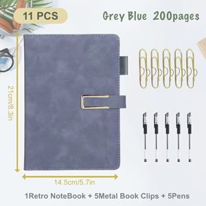 TEMU 11개 세트 (빈티지 A5 노트북 1개 + 메탈 클립 5개 + 펜 5개 포함), 200페이지 멀티 컬러 소프트커버 저널 (사무실, 회의, 대학 생활용), 신학기, 졸업 및 어버이날 선물로 이상적