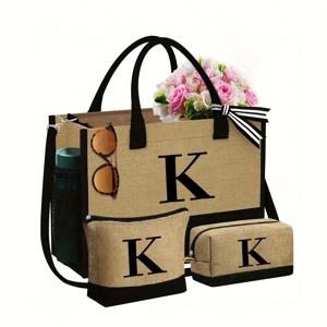 TEMU 블랙 카키 토트백 세트, 핸드백+소형 동전지갑+소형 사각백 포함, A-Z 알파벳 패턴 프린팅, 폴리에스터 소재, 데일리용, 휴가, 해변, 발렌타인데이 및 웨딩 시즌 선물용