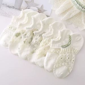 TEMU 여성용 시스루 플로럴 유리 발목 양말 7켤레, 통기성 좋은 스칼렛 트림 & 러플 디테일 보트 삭스, 귀여운 여름 & 봄 양말, 데일리 캐주얼 웨어를 위한 다용도 양말, 손세탁 가능, 통기성 좋고 랜덤 패턴으로 혼합