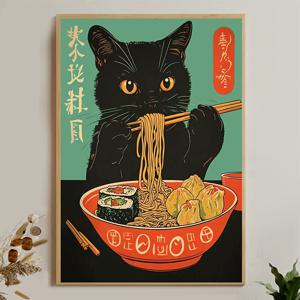 TEMU 1개 일본 라면 고양이 포스터 - 귀여운 애니메이션 새끼고양이 라면 먹는 벽 예술, 캔버스 프린트 침실, 기숙사, 거실 장식에 적합 - 고양이 애호가 & 애니메이션 팬을 위한 완벽한 선물, 2D 평면, 방 장식에 완벽