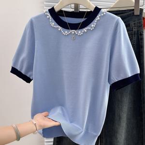 TEMU 2025 여름 신상 컬러 블록 반팔 비즈 티셔츠 여성용, 캐주얼 다용도 라운드넥 탑