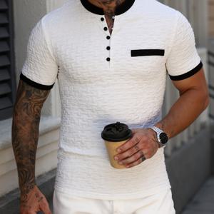 TEMU 1개 남성 여름 캐주얼 셔츠 클래식 단색 통기성 니트 소재 반팔 버튼업 칼라 탑, 골프, 주말 외출 및 캐주얼 복장에 적합, 파티, 데일리룩에 최고