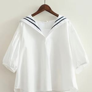 TEMU TD250425102025 여름 신상 대학생 스타일 반팔 셔츠 여성 세일러 칼라 셔츠 루즈핏 벨리 탑