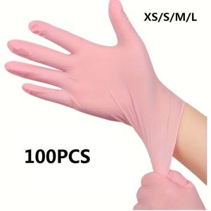 TEMU 라텍스 및 파우더가 없는 핑크 니트릴 일회용 장갑 100개입 상자. 주방, 청소, 매니큐어, 미용 및 도구 사용에 적합하며 XS, S, M, L 사이즈로 제공됩니다.