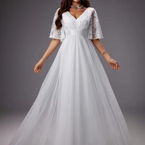 TEMU 우아한 화이트 V넥 레이스 & 메쉬 플로우 튜일 스커트 드레스 - 반팔, 웨딩 및 공식 행사용 브라이덜 의상, 세련된 자수