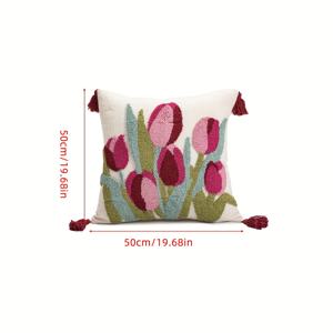 TEMU 튤립 패턴 베개 커버 1개, 전원풍 스타일, 루프 파일 자수 및 네 모서리 술 장식 공예, 거실 또는 침실 일상용 장식용 쿠션 커버, 소파 허리 쿠션 베개 커버, 차량용 장식 쿠션 또는 침대 옆 등받이, 모든 계절용, 50cm*50cm 또는 60cm*30cm, 베개 속통 미포함