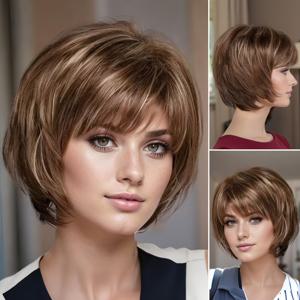 TEMU 우아한 여성용 단발 가발 (앞머리 포함). 레이어드 밥 가발, 뛰어난 통기성, 일상 및 파티, 이벤트에 이상적. 추수감사절과 크리스마스 코스튬에 완벽
