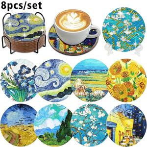 TEMU 8개 풍경 디자인 코스터 세트, 반짝이는 방수 음료 매트 홀더 포함, 코스터 키트, 아트 공예 용품, 인조 공예 선물