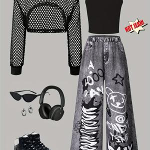 TEMU 봄 가을 여아 패션 메쉬 긴팔 후드 탑, 캐미솔 및 모조 데님 긴 바지 3피스 세트