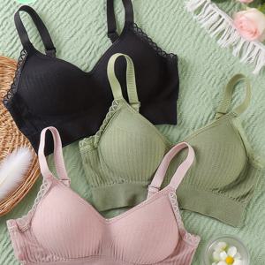 TEMU 3개 세트 여성용 와이어프리 푸시업 브라, 레이스 & 메쉬 패널 속옷