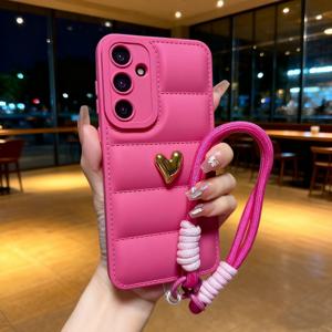 TEMU 휴대폰 케이스 - 전기 도금 하트 다운 재킷 넥스트랩 휴대폰 케이스 (갤럭시 S8 S9 S10 S20 S21 S22 S23 S24 S25) 초강력 낙하 방지 휴대폰 케이스