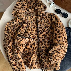 TEMU 여성용 캐주얼 빈티지 프린트 플러시 후드 스웨트셔츠, 가을 겨울용 프린트 코랄 플리스 프린트 재킷