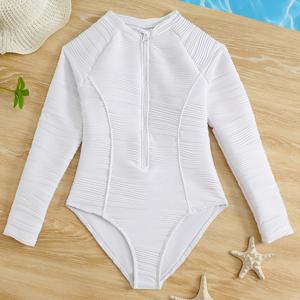TEMU 여아 패션 순백색 슬림핏 지퍼 원피스 수영복, 십대용