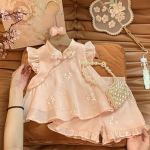 TEMU 새로운 스타일 아동용 여아 자수 2벌 세트, 새로운 중국풍 