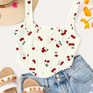 TEMU 여성용 아우터를 위한 패셔너블한 체리 프린트 민소매 핏 크롭 탑, 오픈 백 디자인
