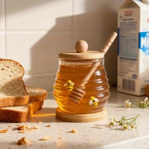 TEMU 1개 10/14/17온스 유리 꿀병 (벌 장식 포함), 유리컵, 나무 막대, 나무 뚜껑, 나무 받침대 포함. 이 투명한 꿀 보관 용기는 벌 장식이 되어 있으며, 시럽 보관에 적합하며 가정, 결혼식에 완벽합니다.