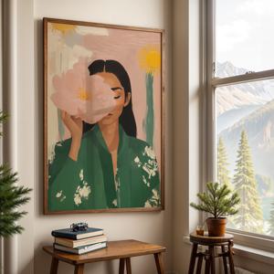 TEMU 1개, 벽 장식 예술, 빈티지 포스터, 핑크와 그린 여성 초상화 캔버스 페인팅, 모던 플로럴 여성 아트 프린트, 거실 장식, 침실 미적 디자인, 친구 선물, 집들이 선물, 액자 미포함