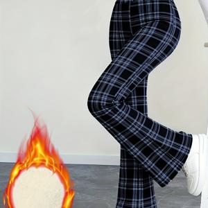 TEMU 여성용 하이웨이스트 두꺼운 보온 벨바지 팬츠 - 겨울용 따뜻한 와이드 레그 핏 바지, 사계절용 고탄력 (단색)