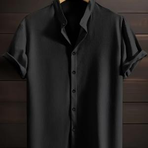 TEMU 남성용 솔리드 컬러 반팔 스탠드 칼라 셔츠, 통기성과 편안한 버튼업 상의, 캐주얼하고 다용도 셔츠, 일상복 및 해변 휴가에 적합