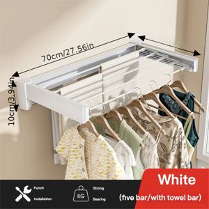 TEMU 천공형 벽걸이형 접이식 빨래 건조대, 발코니 수납식 신축식 빨래 건조봉, 가정용 고하중 보이지 않는 빨래 건조 겸용 수납대, 건조대