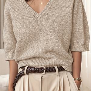 TEMU 플러스 사이즈 - 우아한 여성용 풀오버 | 밝은 색상의 V넥, 7부 소매, 중간 정도 신축성 있는 원단, 봄/여름용 오버사이즈 핏