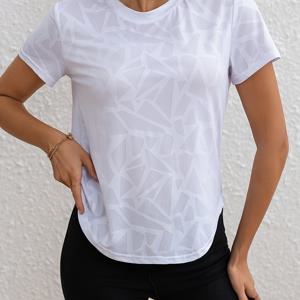 TEMU 1개 기하학 패턴 원단 반팔 운동 상의 - 여성 스포츠 티셔츠, 통기성 좋은 스트레치 요가 피트니스 셔츠, 편안한 원단, 사계절 야외 활동에 적합, 세탁기 사용 가능, 여성 운동복