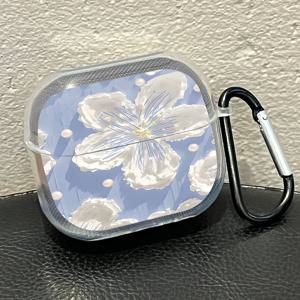 TEMU 삼성 버즈3용 7202 블루 배경 유화 화이트 플라워 패턴 케이스, 갤럭시 버즈3 프로용 케이스, 키체인 포함 삼성 갤럭시 버즈3/버즈3 프로용 투명 보호 커버, 낙하 방지 이어버드 케이스
