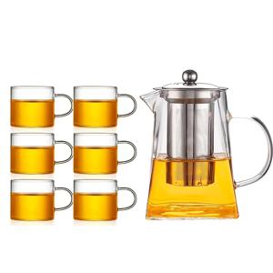 TEMU 천상의 둥근 세상의 사각형 950ml 찻주전자 6개 세트, 100ml 투명 손잡이 컵 포함, 내열 유리 찻주전자, 스테인리스 스틸 필터 꽃차 주전자, 손잡이 찻잔, 가정용 가열식 티 브루어, 완전한 물 세트