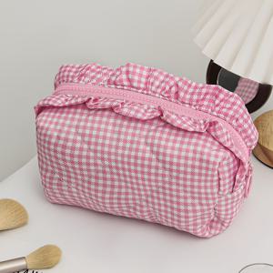 TEMU 핑크 퀼트 체크 메이크업 파우치, 귀여운 여아용 화장품 가방, 심플하고 캐주얼한 멀티 메이크업 파우치, 대용량 휴대용 지퍼 메이크업 파우치, 여행과 학교에 필수, 생리대 및 화장품 보관에 완벽한 아이템