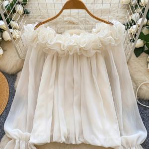 TEMU 여성용 분위기 있는 기품의 오프숄더 러플 패치워크 긴소매 시폰 셔츠 루즈핏 상의 + 와일더니스