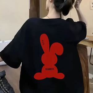 TEMU 여성용 Y2K 만화 토끼 & 글자 프린트 티셔츠 - 화이트 레드 디자인, 릴랙스 H라인 핏 반팔 라운드넥 탑, 봄 여름 가을 캐주얼 웨어, 부드러운 질감 Unisex, couples style