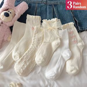 TEMU 여성용 귀여운 흰색 양말 3켤레 세트, 봄/여름에 적합, 일본 JK 스타일 레이스 장식, 메리 제인 슈즈와 매칭에 완벽, 미드 카프 길이, 흡습성