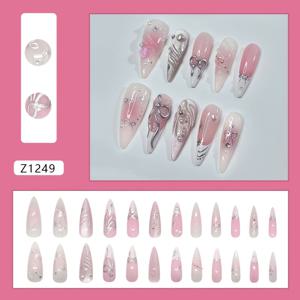 TEMU 3D 고양이 눈 별빛 강 스파클 하트 리본 프렌치 블러쉬 스타일 | 누드 아몬드 모양 롱 글로시 기계 제작 인조 네일