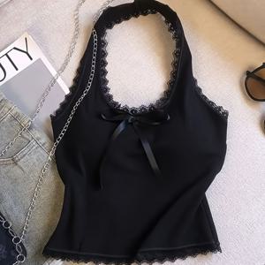 TEMU 여성용 레이스 보우 홀터넥 탑 - 내장형 패드 컵, 노백 슬리브리스 블라우스 셔츠, 슬림핏 숏 레이어링 아우터웨어, 기계 세탁 가능한 솔리드 컬러, 비치웨어, 파티 & 일상복용