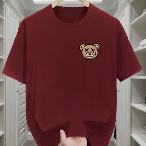 TEMU 남성용 100% 폴리에스터 티셔츠, 다용도 캐주얼 베이스 레이어, 귀여운 곰돌이 디자인의 편안한 스포츠 상의