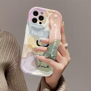 TEMU 휴대폰 케이스 - 재미있는 레터링 폰 케이스, 크림색 텍스처, 손목 스트랩 보호 기능, iPhone 11/12/13/14/15 PLUS/16 Pro Max/17 Air/Pro/Promax Apple 시리즈 및 Samsung Galaxy S22/S23 FE/S24 Plus/S25 호환